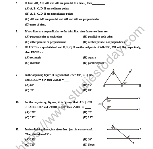 CBSE Class 9 Maths Lines and Angles MCQs, Multiple Choice Questions